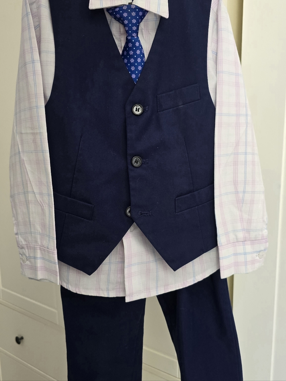 Navy Blue Boys Dress Vest and Pants Set with Pink Plaid Shirt